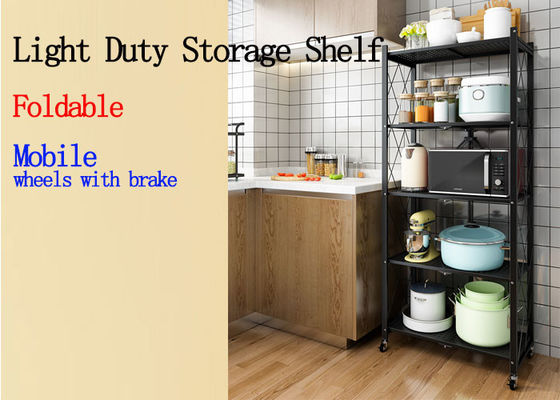 Foldable Light Duty Shelving With Wheels , 3 Tiers Metal Shelving For Kitchen