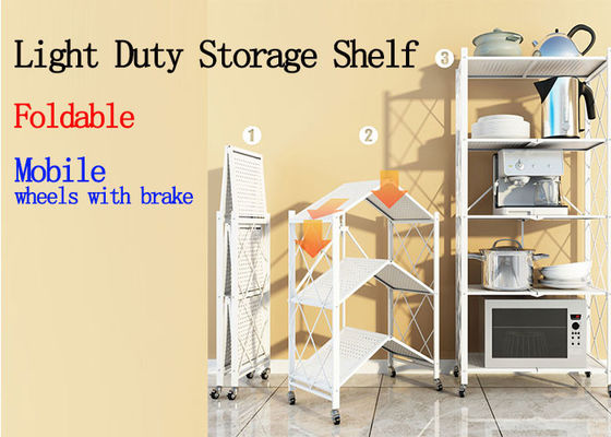 White Foldable Steel Rack , Mobile Light Duty Metal Storage Rack On Wheels