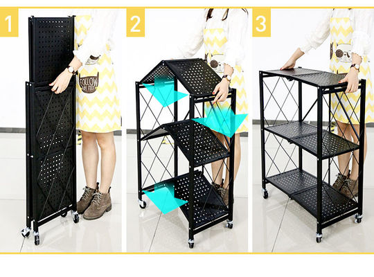 Foldable Light Duty Shelving With Wheels , 3 Tiers Metal Shelving For Kitchen